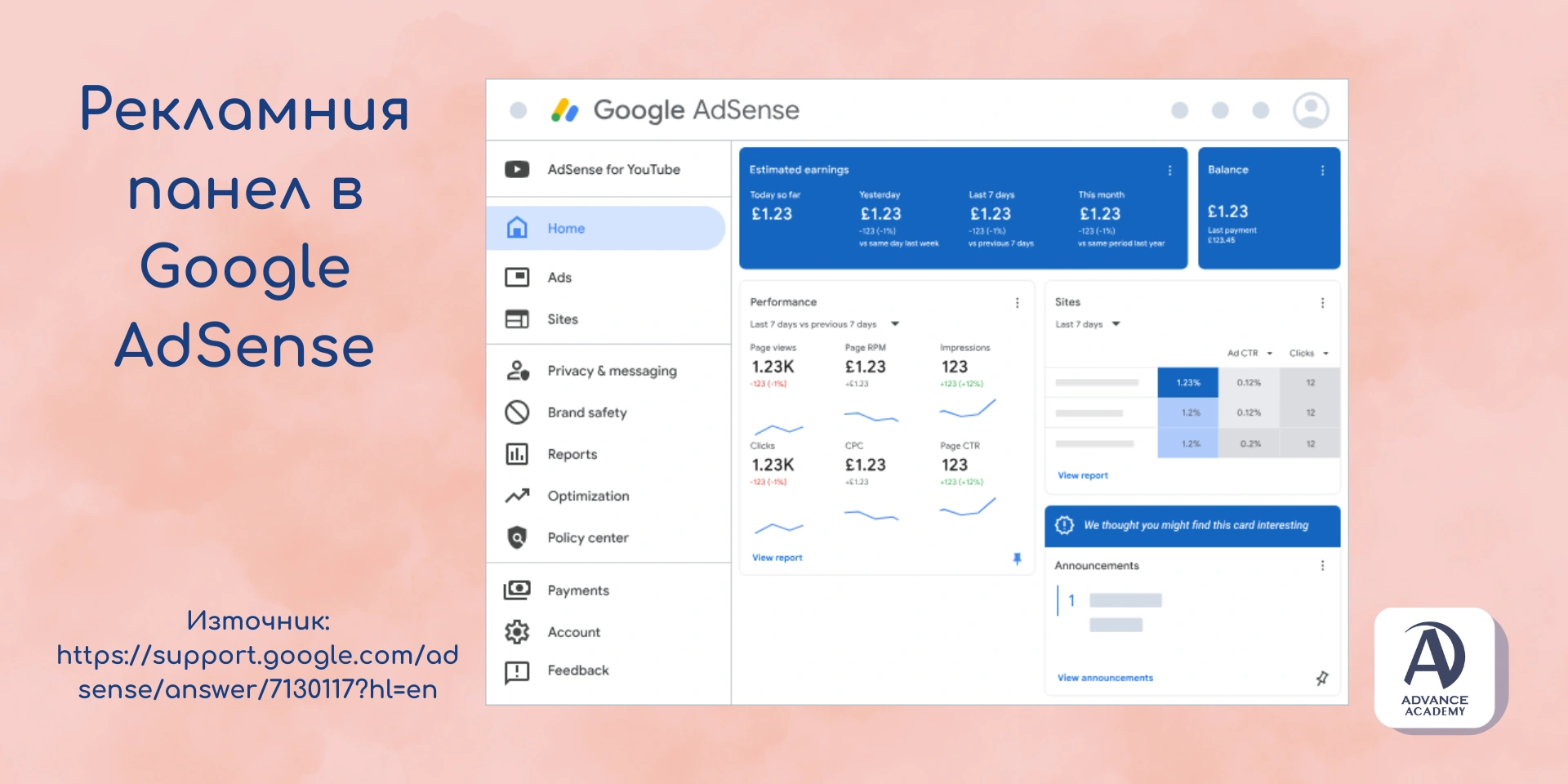Рекламния панел в Google AdSense - примерно изображение в статия на Advance Academy