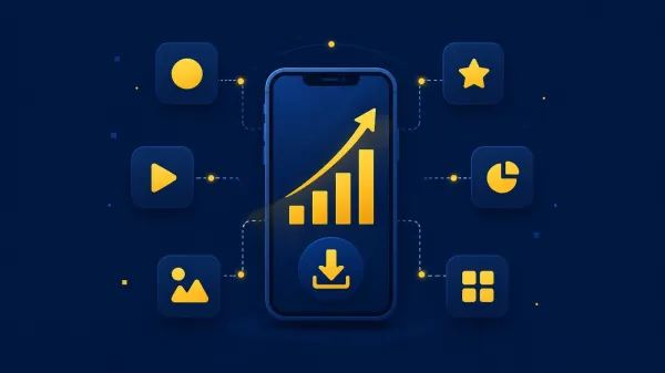 Абстрактна илюстрация на смартфон с растяща графика и свързани иконки на приложения върху тъмносин фон