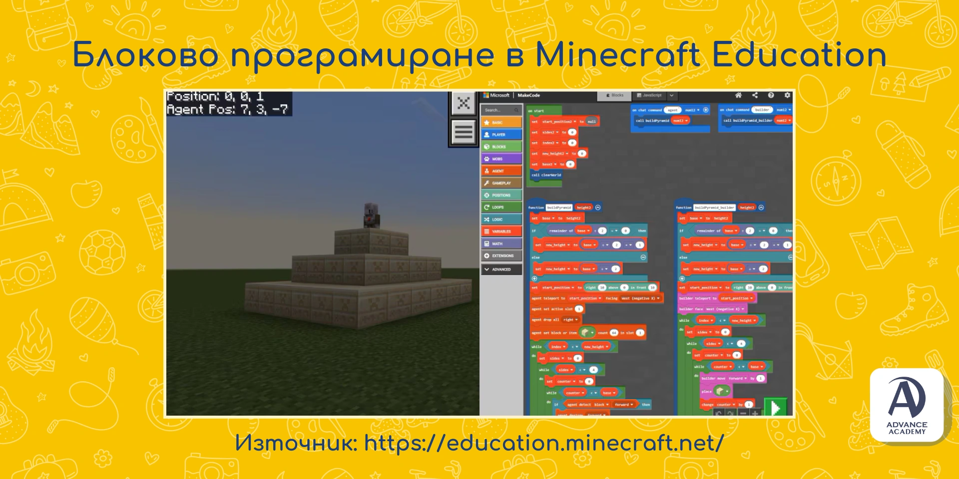 Блоково програмиране в Minecraft Education - пример използван в статията на Advance Academy