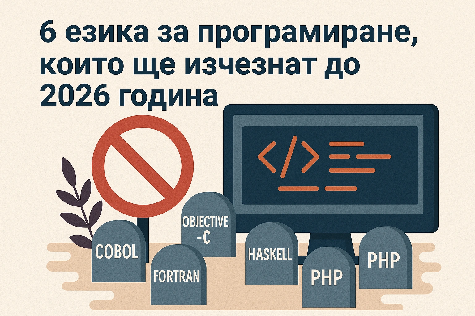 Блог изображение с гробни плочи на остаряващи програмни езици като Perl, PHP и Objective-C – кои езици ще изчезнат до 2026 г.