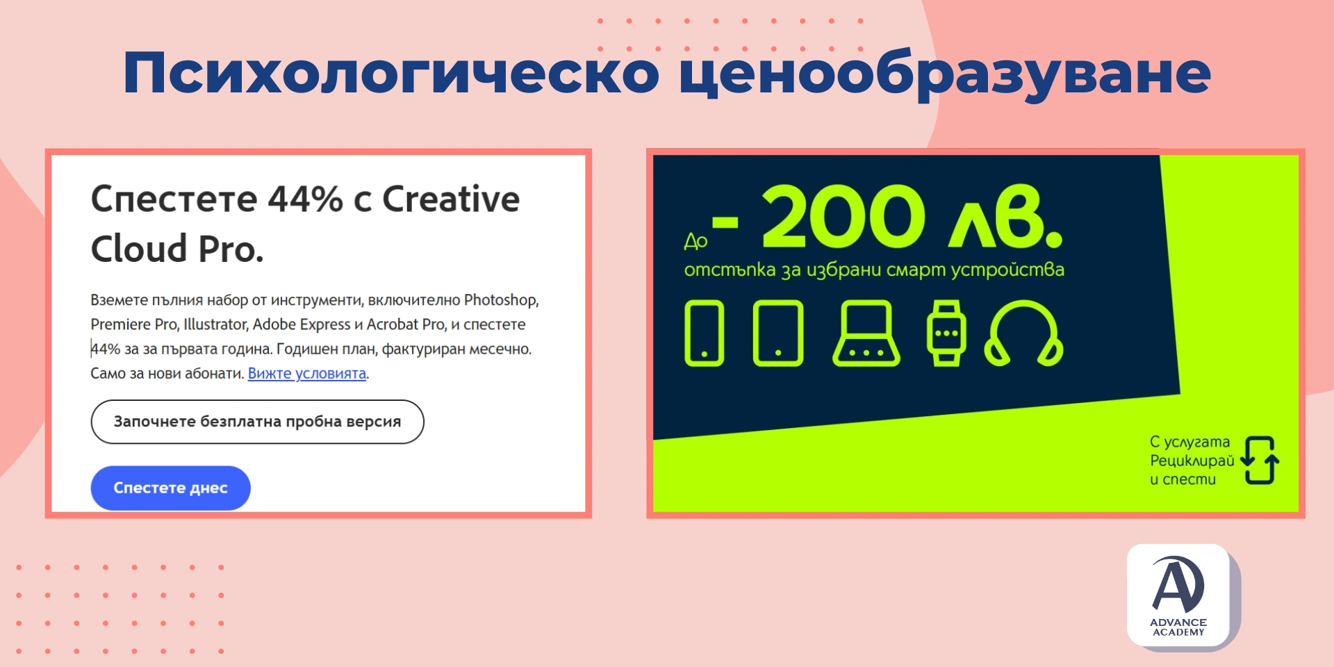 Пример за прихологическо ценообразуване използван в статия на Advance Academy