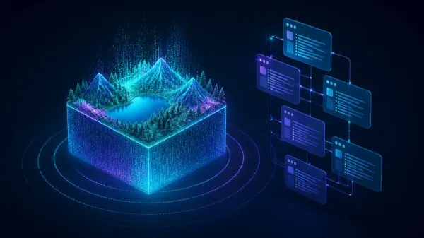 3D илюстрация на светещ куб с миниатюрен пейзаж и звукови вълни до свързани прозорци с код на тъмносин фон