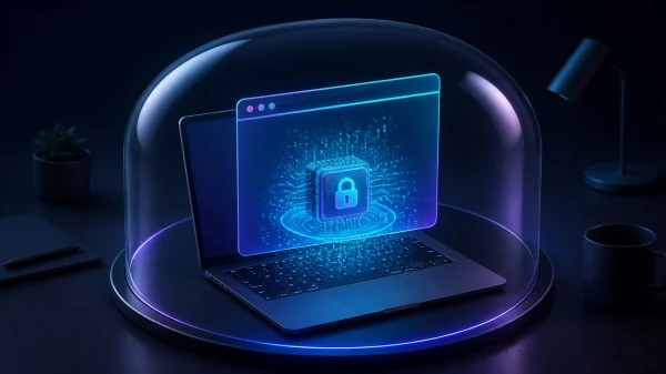 3D лаптоп под стъклен купол с прозорец на браузър и AI чип с катинар на екрана