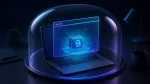 3D лаптоп под стъклен купол с прозорец на браузър и AI чип с катинар на екрана