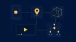 Абстрактна илюстрация с карти за смартфон, карта, 3D куб, видео и дърво на решенията в тъмносиньо и жълто