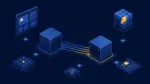 Абстрактна илюстрация на два компютъра, свързани с линии от данни, сред AI икони