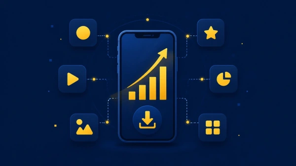 Абстрактна илюстрация на смартфон с растяща графика и свързани иконки на приложения върху тъмносин фон