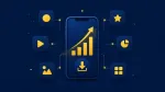 Абстрактна илюстрация на смартфон с растяща графика и свързани иконки на приложения върху тъмносин фон