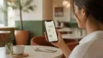 Жена в кафене държи смартфон с AI асистент и карти на свързани приложения на екрана