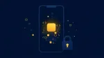 Абстрактна илюстрация на смартфон с лично приложение, сглобено от геометрични блокове, и катинар